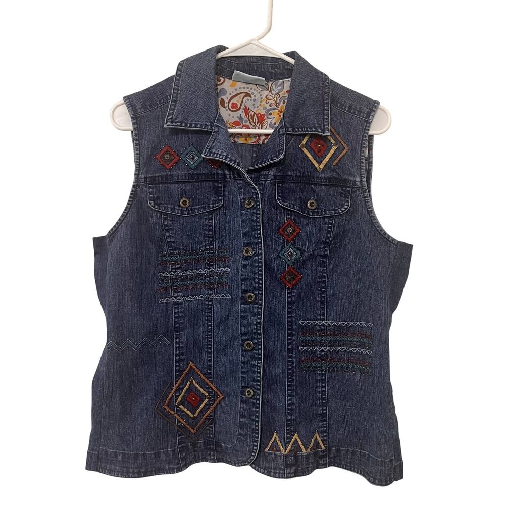 VGT Alfred Dunner Denim Vest Womens Large Embroidered Beaded Southwestern Boho